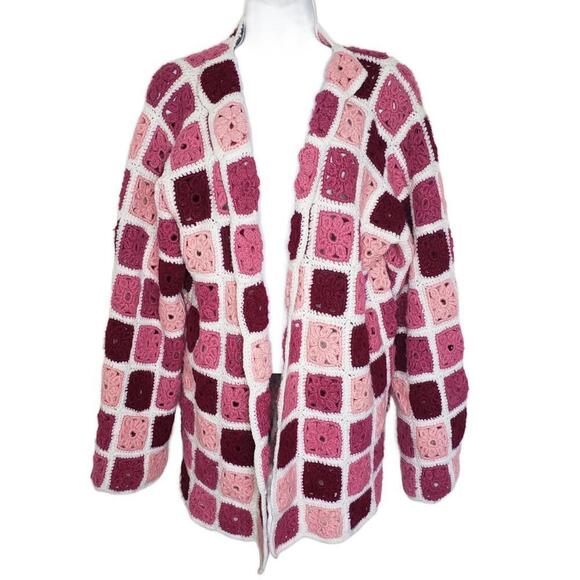 Women's Handmade Crochet Quilted Pink Tones Patchwork Mid-Length Cardigan - Picture 1 of 6